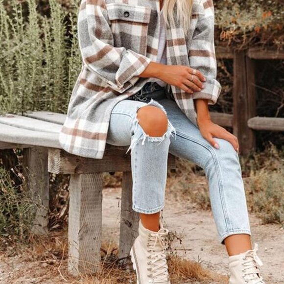 Women's Flannel Plaid Shacket 2025 Fall Outfits Long Sleeve Button Down Shirts J - Picture 4 of 6